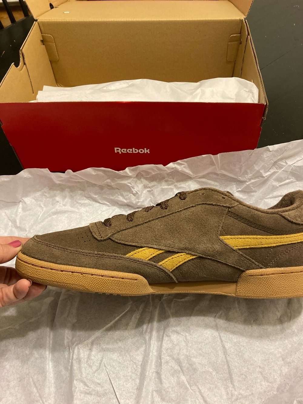 Reebok Men's Brown Suede Sneakers with Yellow Stripe M13